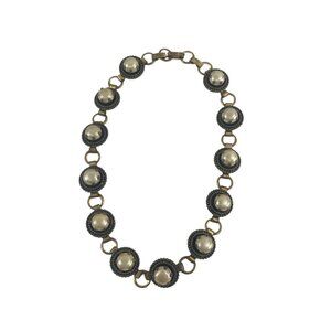 Vintage Retro Gold-Tone & Black Beaded Link Statement Necklace With Faux Pearl A
